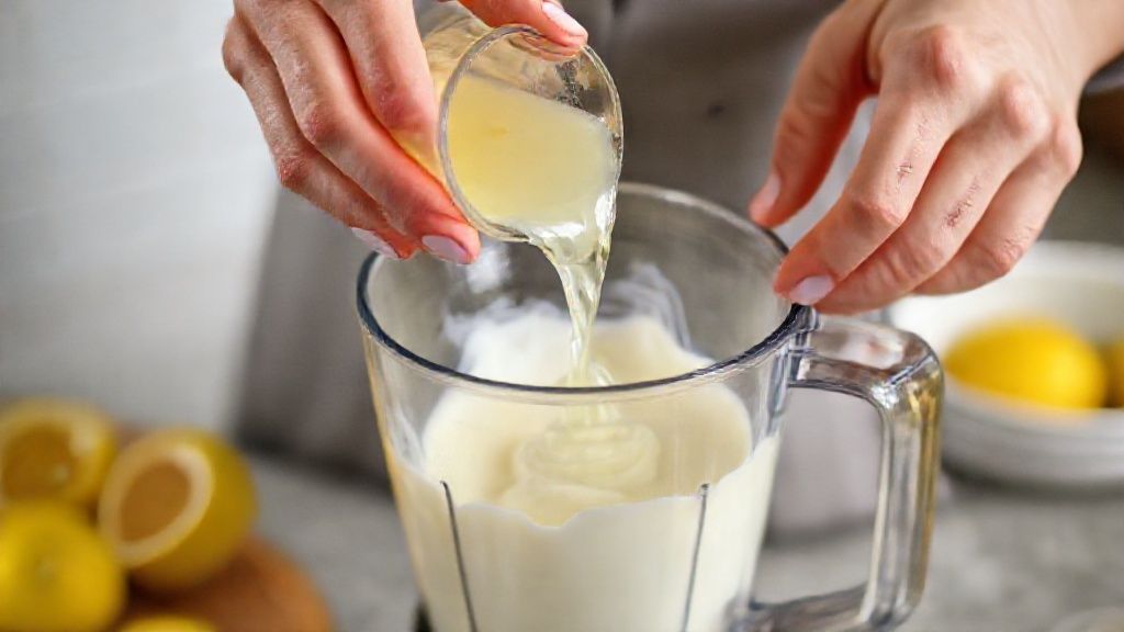 Mãos despejando gelatina hidratada em um liquidificador com creme batendo