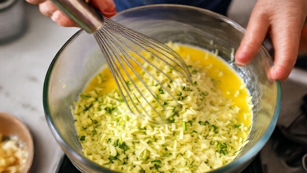 Mãos batendo ovos e misturando abobrinha ralada com queijo em tigela de vidro