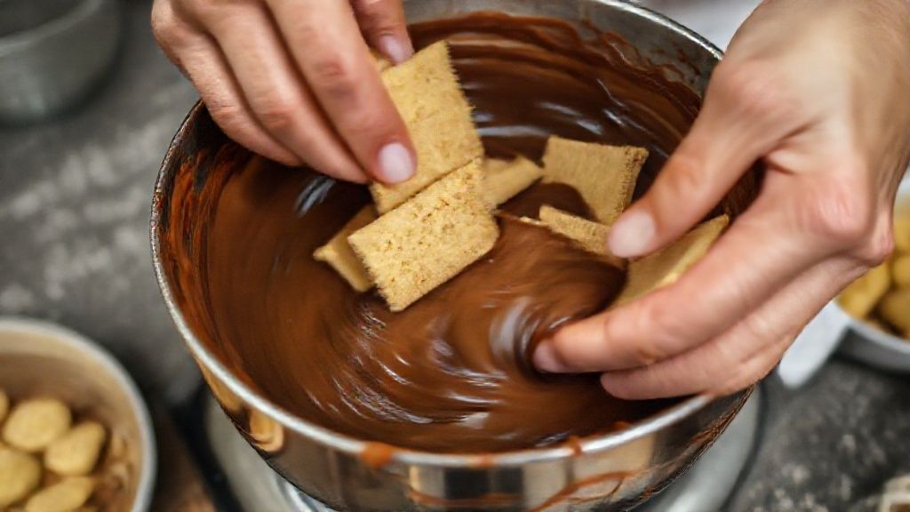 Mãos misturando biscoitos ao creme de chocolate durante o preparo da palha italiana