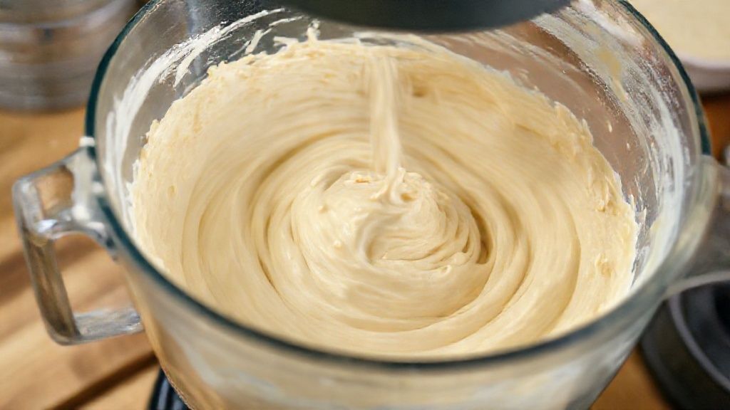 Mãos misturando a massa do pão após bater os líquidos no liquidificador, mostrando textura leve.
