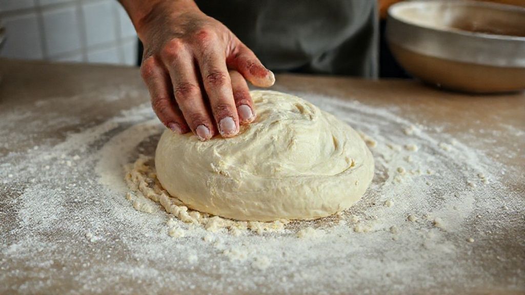 Mãos sovando a massa de pão de mandioca sobre bancada enfarinhada, mostrando a textura elástica.