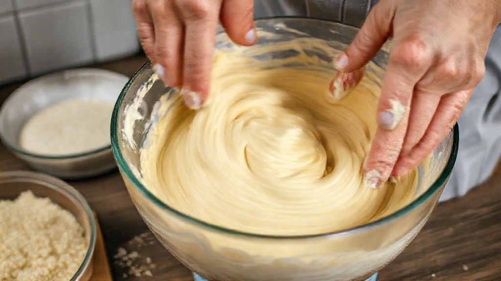 Mãos misturando a massa cremosa do pão com um fouet em uma tigela grande.