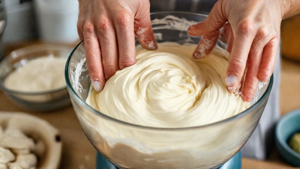 Mãos adicionando farinha à mistura líquida do pão em uma tigela, passo crucial do preparo