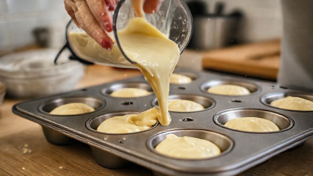 Mãos despejando a mistura batida do liquidificador nas forminhas individuais antes de assar