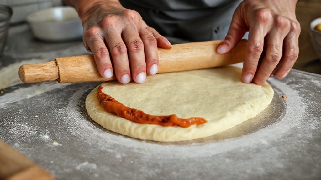 Mãos abrindo a massa e espalhando o recheio de goiabada durante o preparo.