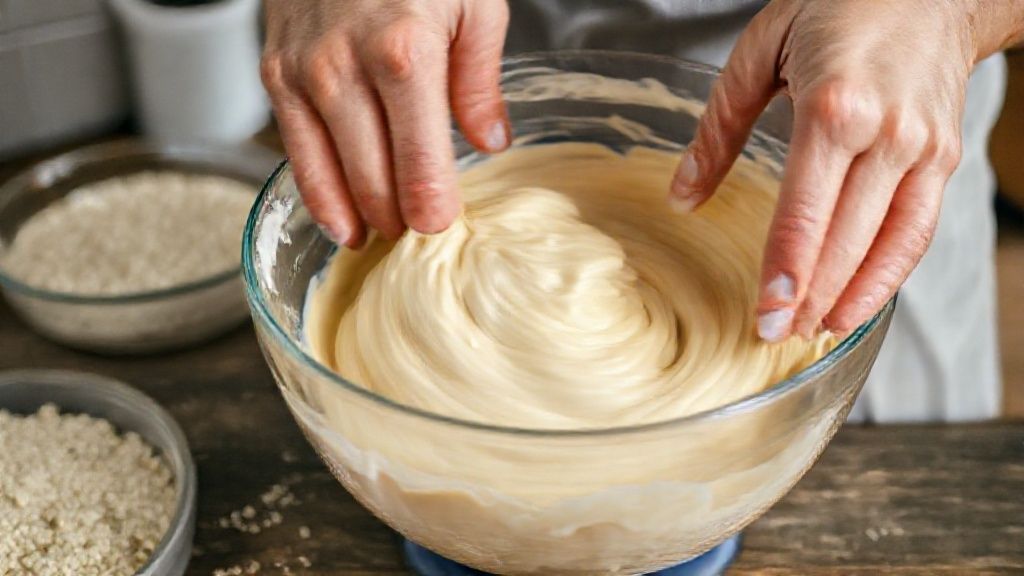 Mãos misturando a massa do pãozinho de aveia em uma tigela durante o preparo