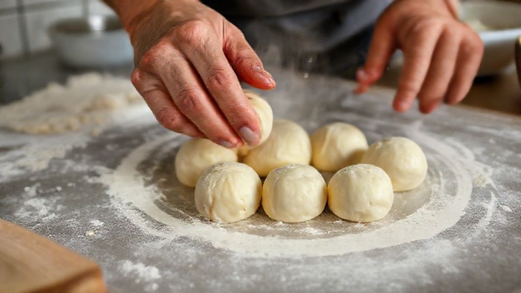 Mãos modelando bolinhas de massa de tapioca sobre uma assadeira antes de assar