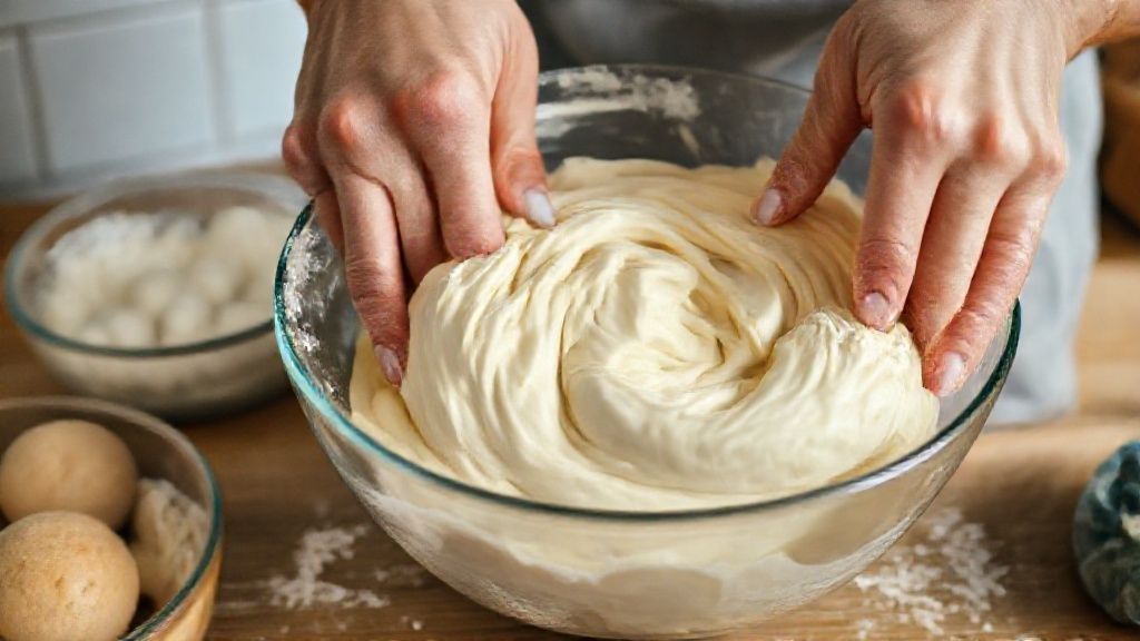 Mãos misturando a massa cremosa do pãozinho em tigela durante o preparo.