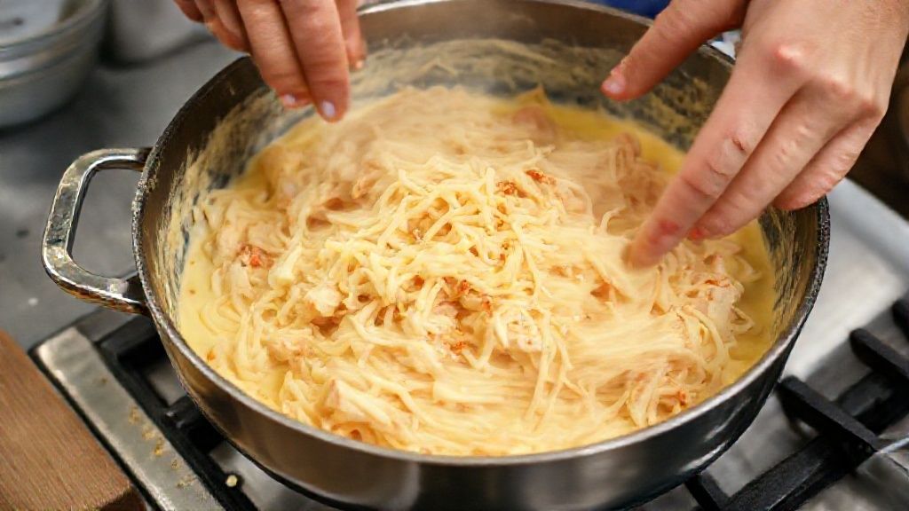 Mãos misturando o frango desfiado com requeijão cremoso e temperos em uma panela.