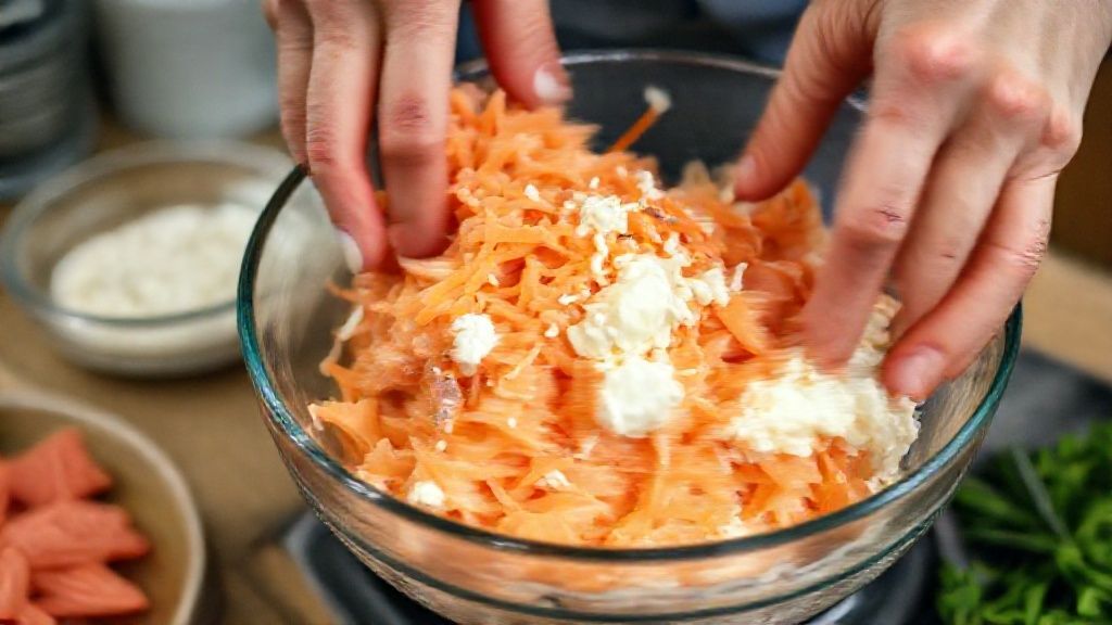 Mãos misturando salmão desfiado e cream cheese em uma tigela durante o preparo