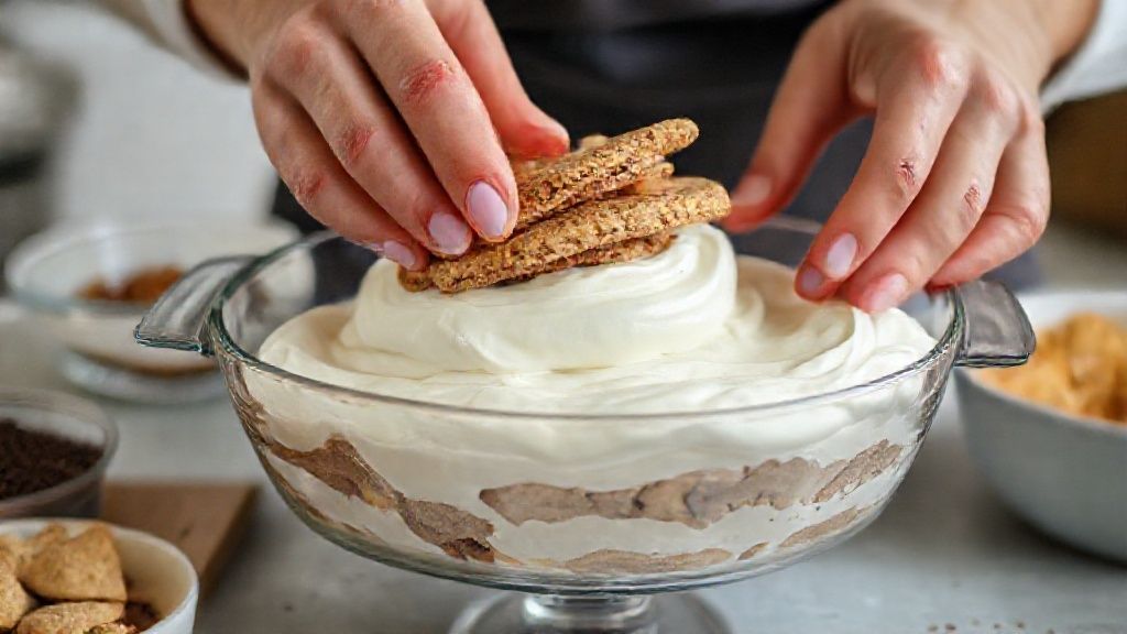 Mãos em ação montando as camadas do pavê crocante em um refratário.