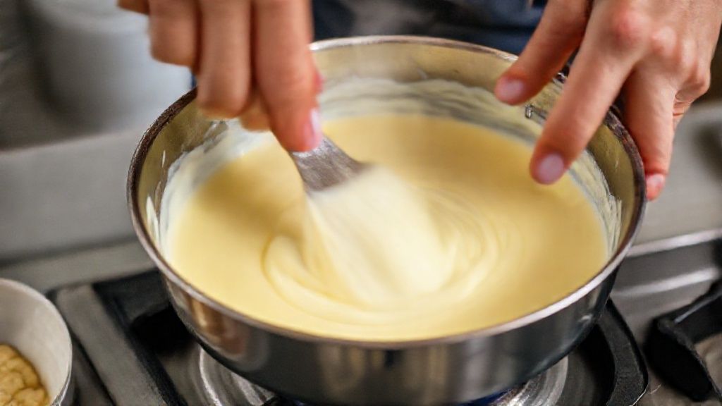Mãos preparando o creme em uma panela durante o modo de preparo do pavê