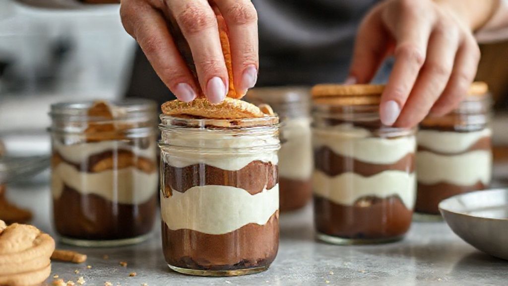 Mãos montando o pavê em potinhos, intercalando camadas de creme e biscoitos