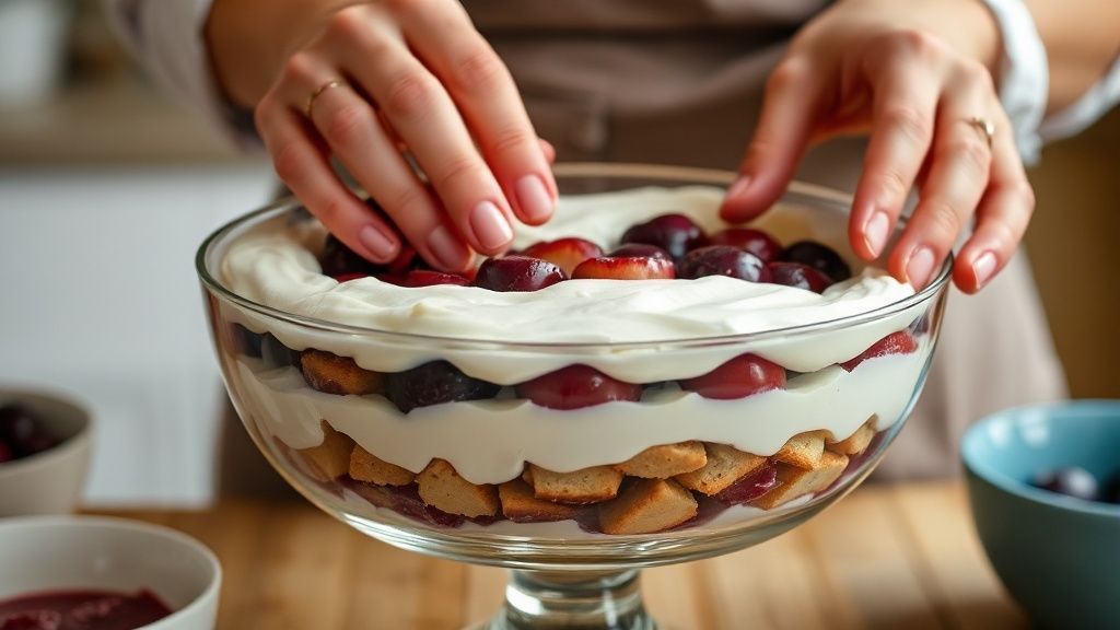 Mãos montando o pavê em camadas, alternando creme, biscoitos e doce de ameixa em refratário de vidro