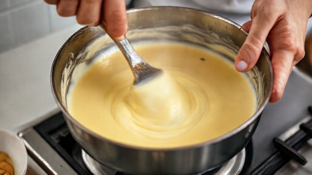 Mãos misturando o creme em uma panela durante o preparo do pavetone