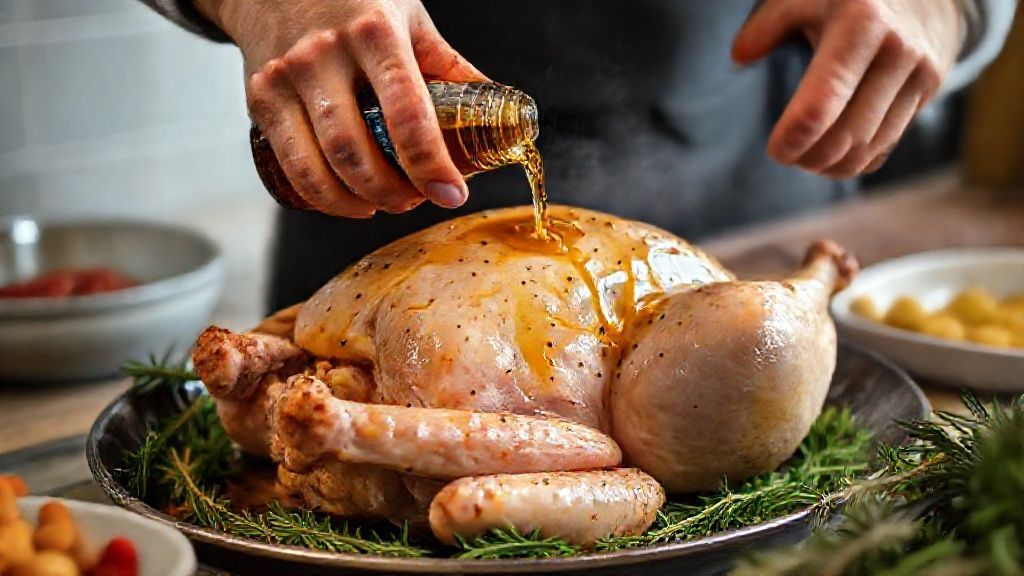 Mãos temperando o peru com marinada de cerveja e ervas dentro de uma assadeira