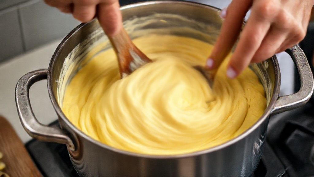 Mãos mexendo a polenta cremosa em panela, mostrando um passo do preparo