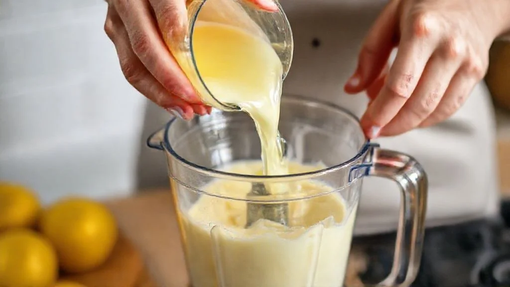 Mãos misturando os ingredientes do pudim de limão no liquidificador durante o preparo