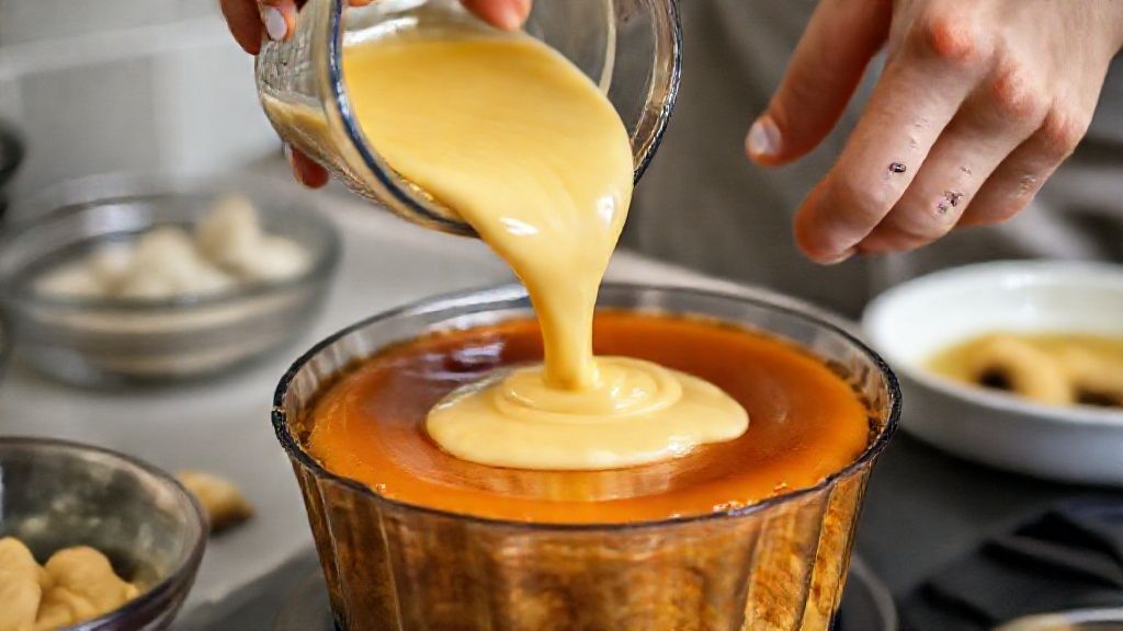 Mãos despejando a mistura cremosa do liquidificador na forma caramelizada