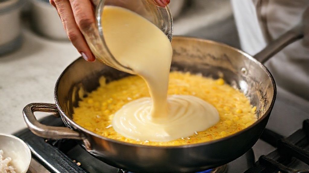 Mãos despejando o creme do pudim na forma caramelizada sobre bancada de cozinha
