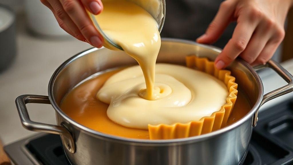 Mãos despejando o creme de milho e coco em forma caramelizada sobre banho-maria