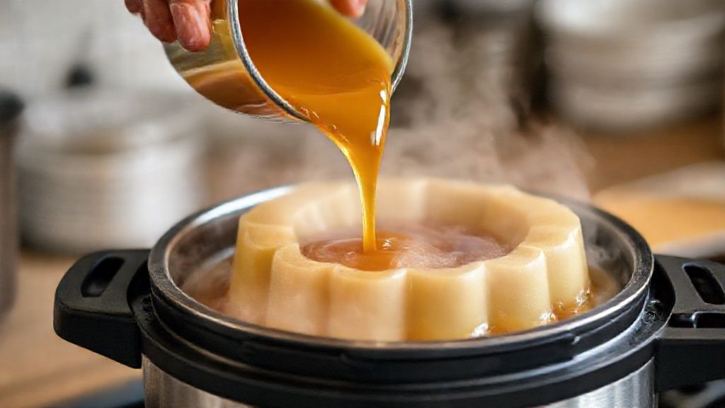 Mãos despejando o caramelo na forma e preparando o pudim com cuidado