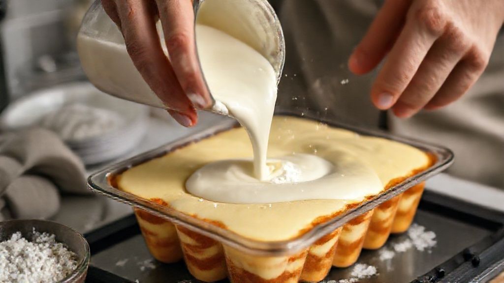 Mãos despejando a mistura cremosa do pudim no liquidificador e vertendo na forma caramelizada
