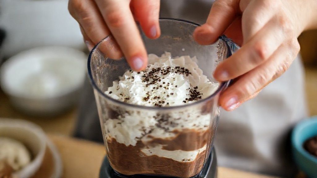Mãos em ação batendo os ingredientes do pudim prestígio no liquidificador