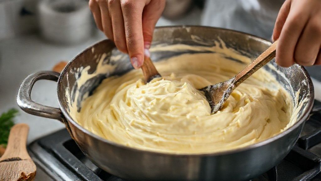 Mãos mexendo a massa do queijo de mandioca na panela, no ponto elástico