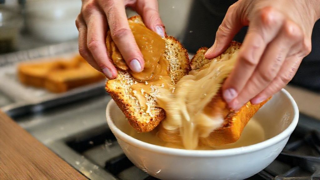 Mãos recheando e empanando as fatias de pão antes de fritar