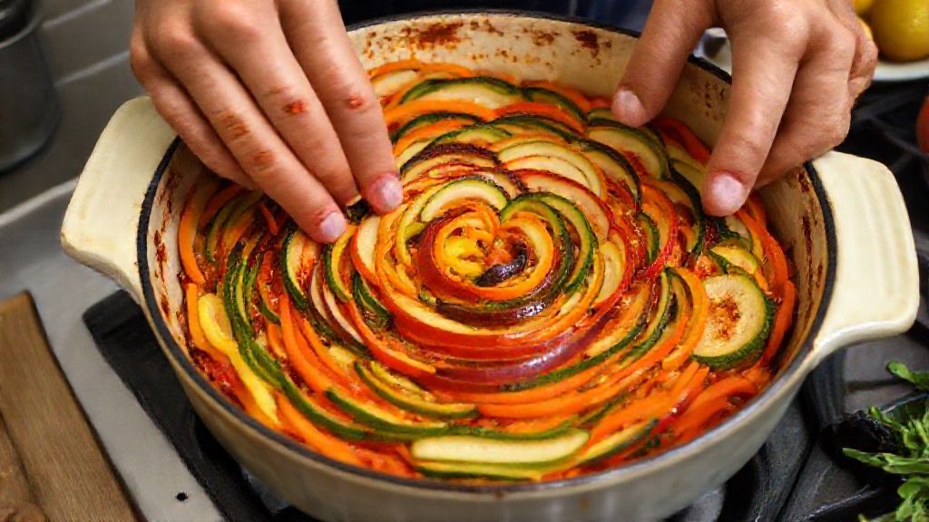 Mãos organizando as rodelas de legumes em espiral dentro da travessa antes de levar ao forno.