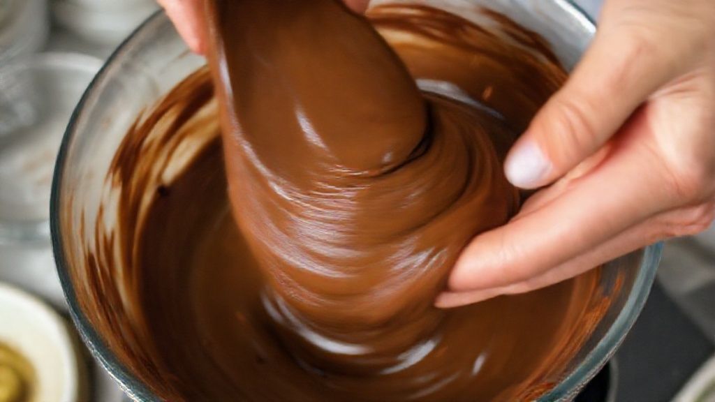 Mãos misturando chocolate derretido e doce de leite durante o preparo do recheio
