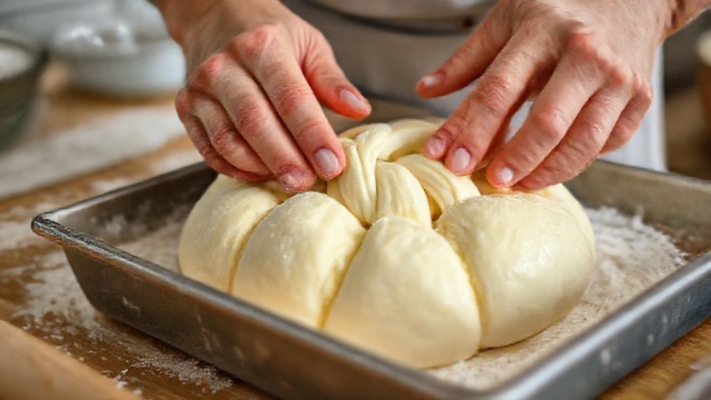 Mãos trançando a massa da rosca doce antes de levar ao forno.