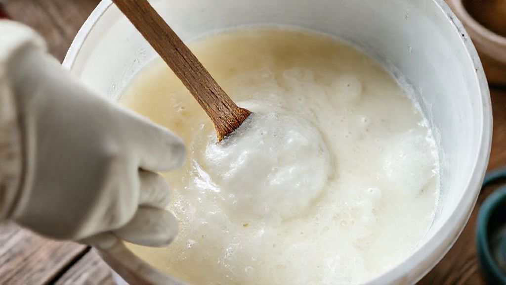 Mãos mexendo a mistura cremosa do sabão durante o preparo em balde