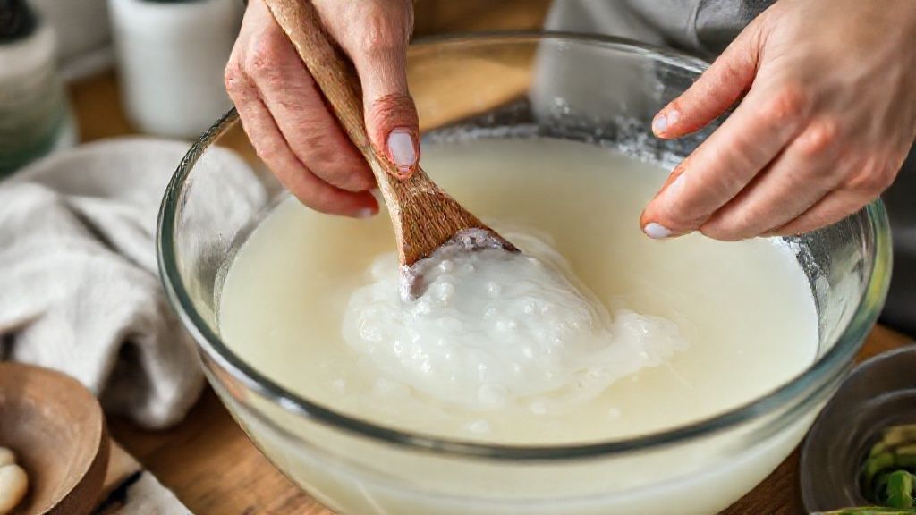 Mãos mexendo a mistura de sabão líquido em uma bacia grande durante o preparo