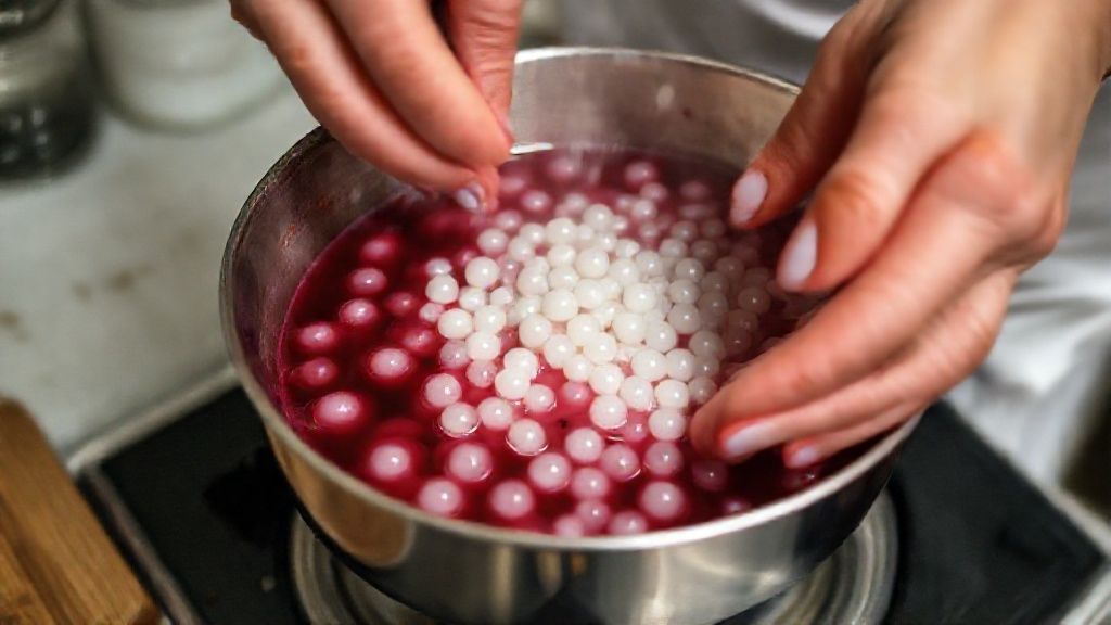 Mãos mexendo o sagu na panela com calda de vinho durante o cozimento