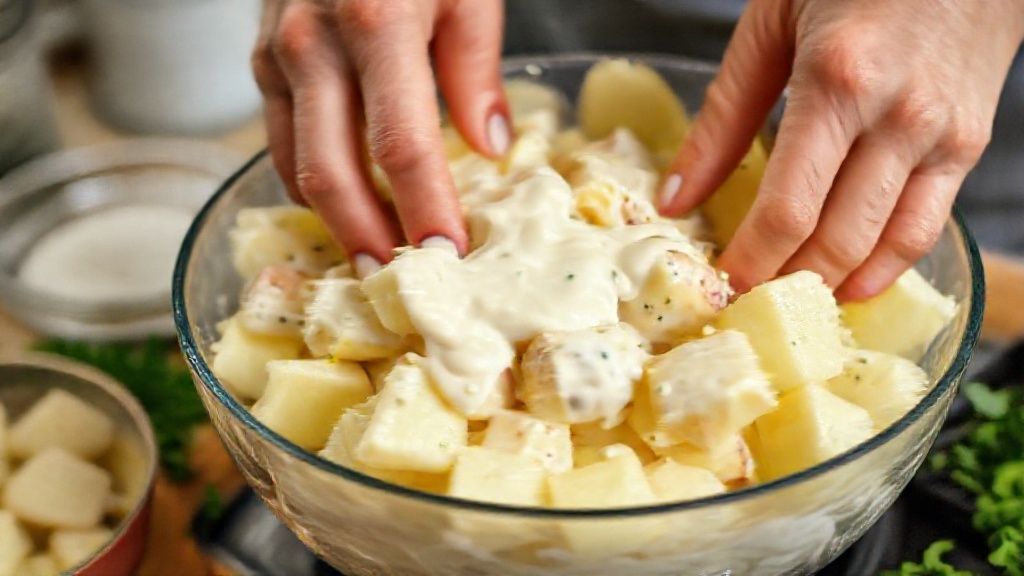 Mãos misturando delicadamente as batatas com o molho cremoso em uma tigela grande