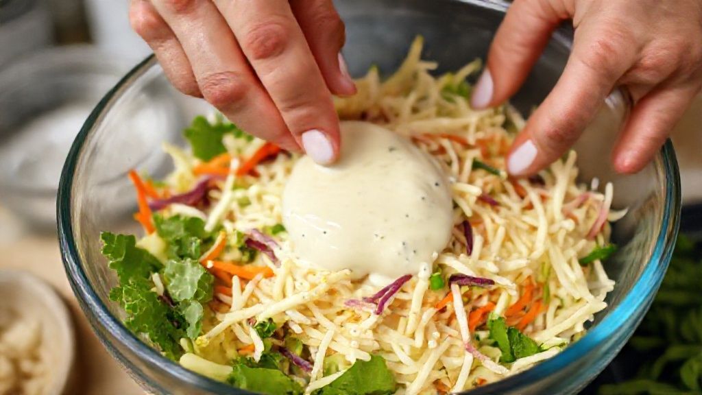 Mãos misturando o molho cremoso com os vegetais frescos em uma tigela grande