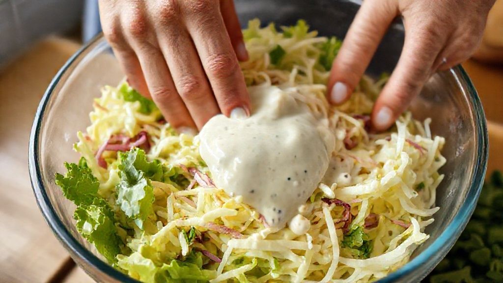 Mãos misturando repolho e cenoura com molho cremoso em uma tigela grande