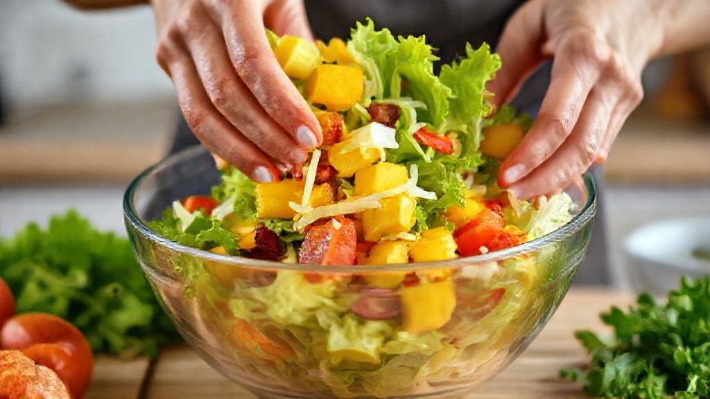 Mãos misturando delicadamente os ingredientes da salada com talheres de servir