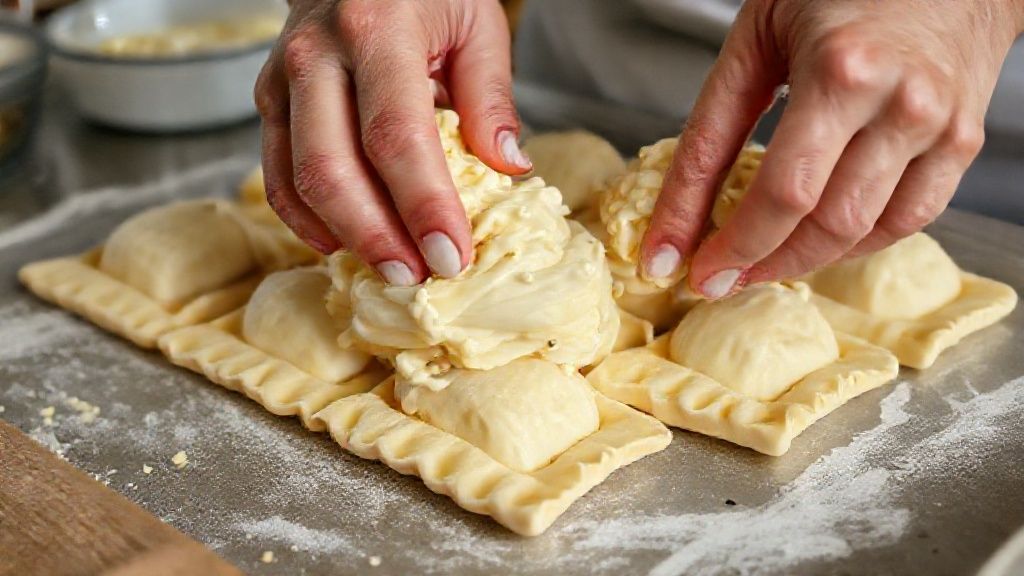 Mãos modelando a massa e adicionando o recheio cremoso antes de fechar o salgado