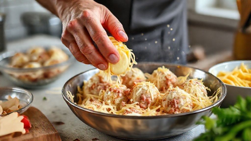 Mãos moldando as bolinhas de queijo durante o preparo da receita