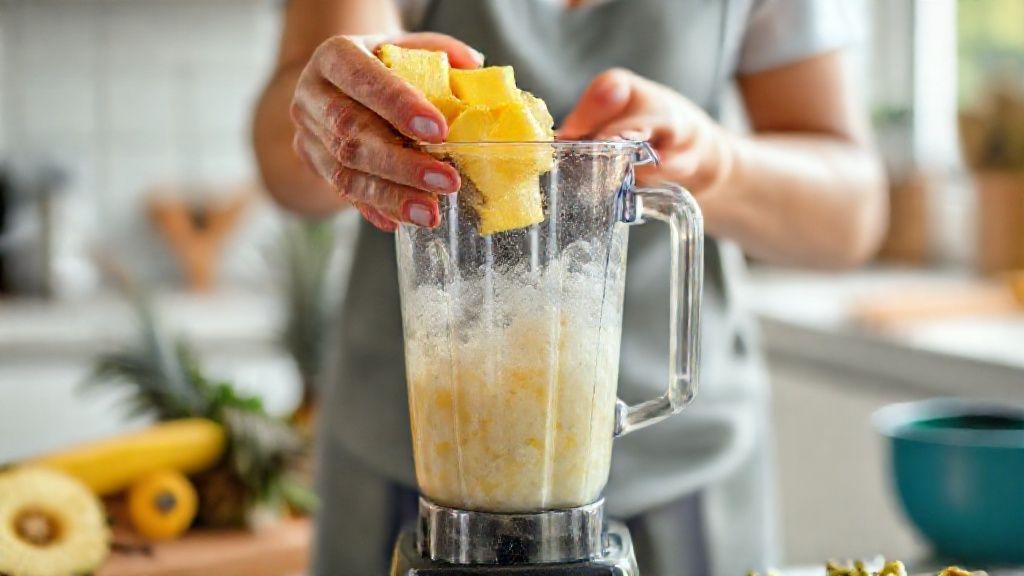Mãos adicionando frutas no liquidificador durante o preparo do smoothie de abacaxi gelado