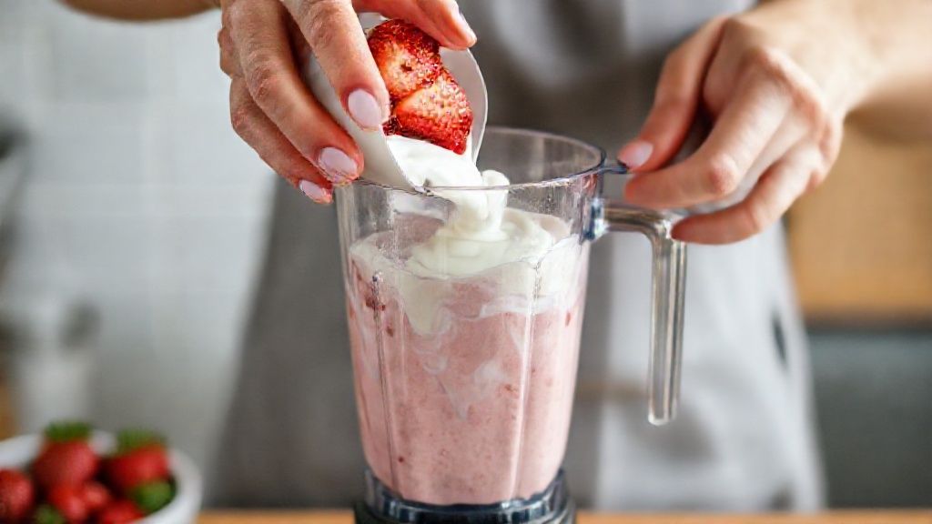 Mãos posicionando morangos e iogurte no liquidificador durante o preparo do smoothie