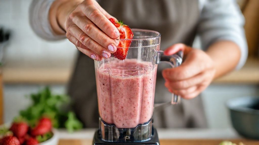 Mãos colocando morangos e banana no liquidificador durante o preparo do smoothie
