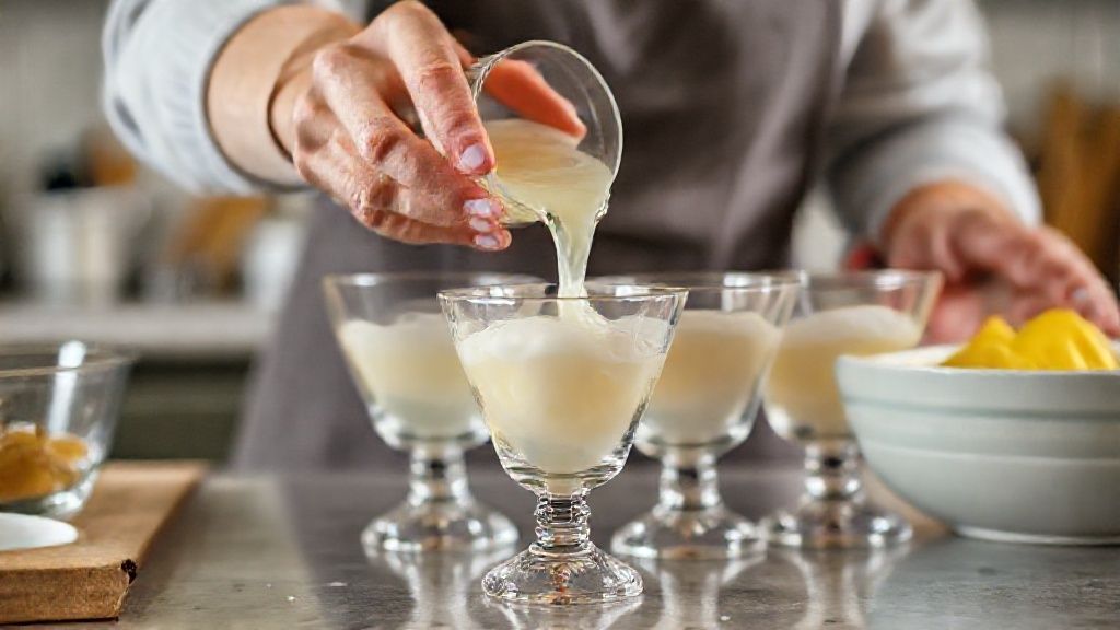 Mãos despejando camada de gelatina em taças inclinadas enquanto monta a sobremesa colorida