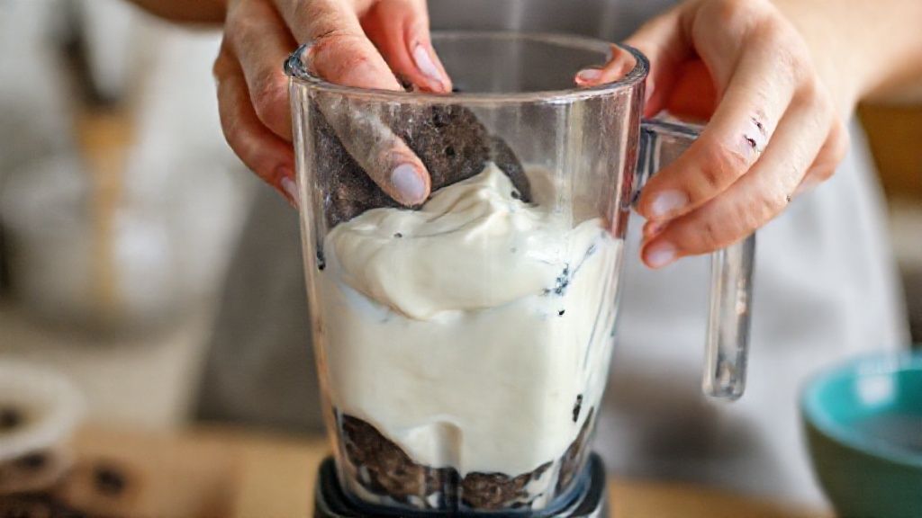 Mãos adicionando biscoitos e creme de leite no liquidificador durante o preparo