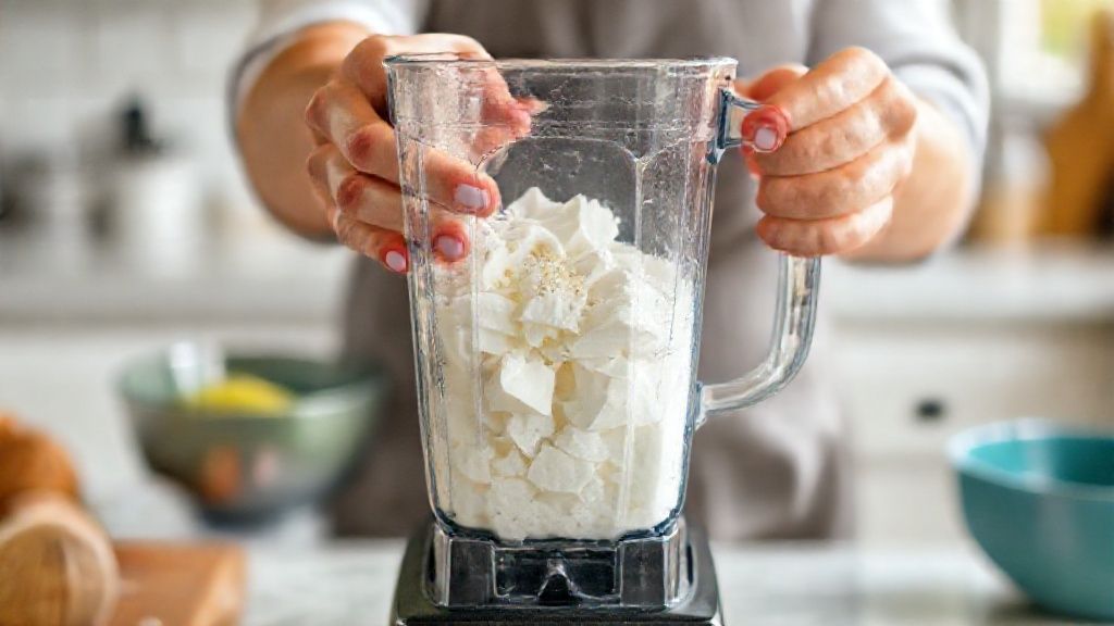 Mãos batendo os ingredientes da sobremesa no liquidificador durante o preparo