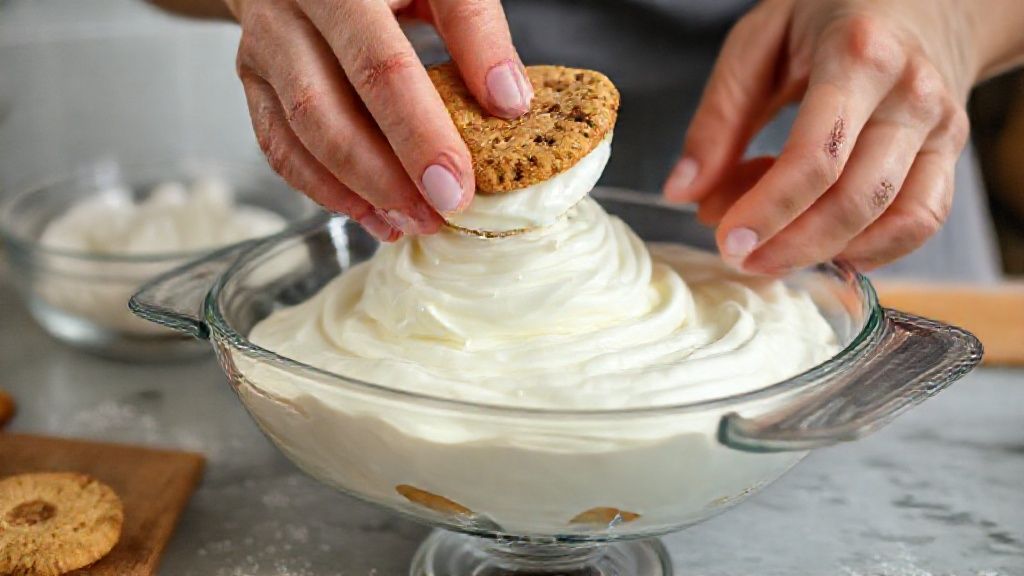 Mãos montando camadas de creme e biscoitos em um refratário durante o preparo da sobremesa de coco