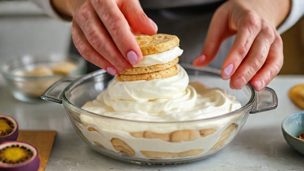 Mãos montando camadas do pavê de maracujá em travessa, mostrando o creme sendo espalhado com espátula